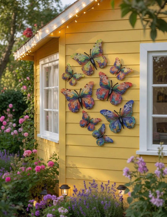 Yellow shed with colorful butterfly decorations in a garden setting