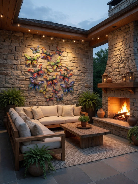 Outdoor patio with stone wall, sectional sofa, coffee table, and fireplace.